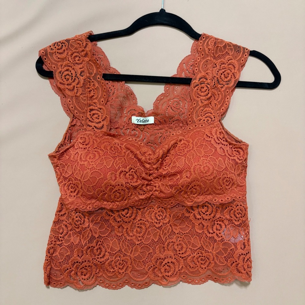 Yelete Burnt Orange Floral Lace Padded Bralette Top V-Neck M Sheer Boho Festival